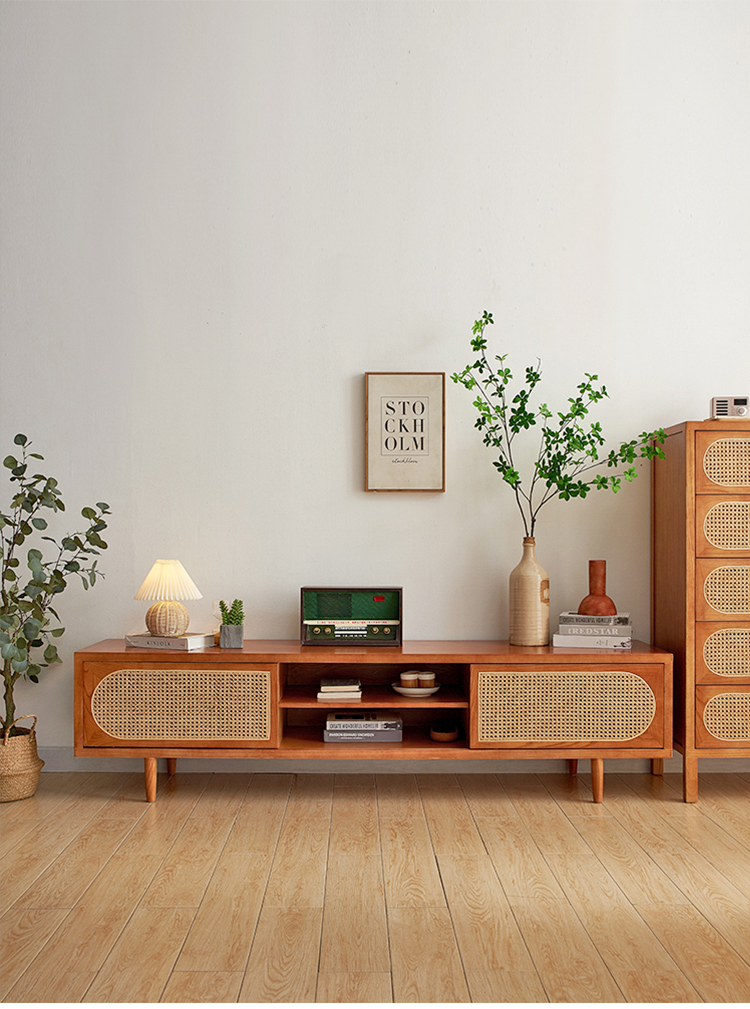 【美品】ローボード TVボード テレビ台 天然木 ラタン テレビ台 おしゃれ ローボード 北欧 ラタン調 幅200cm 脚付き