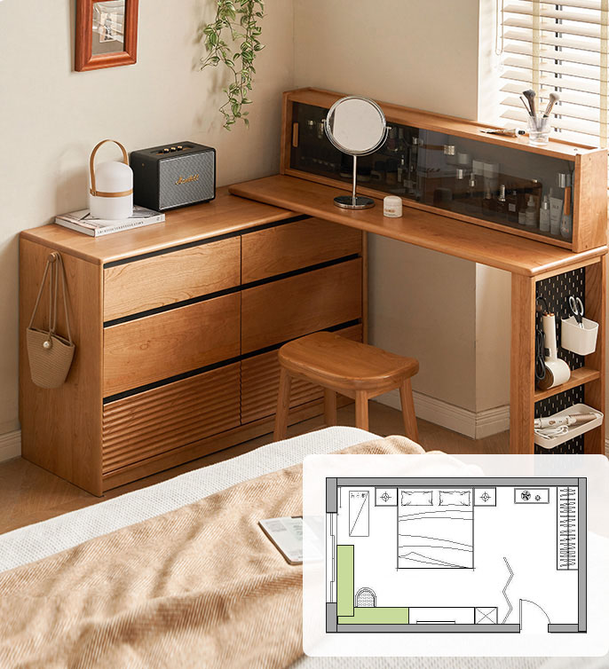 伸長式ドレッサー・デスク・チェスト収納付き