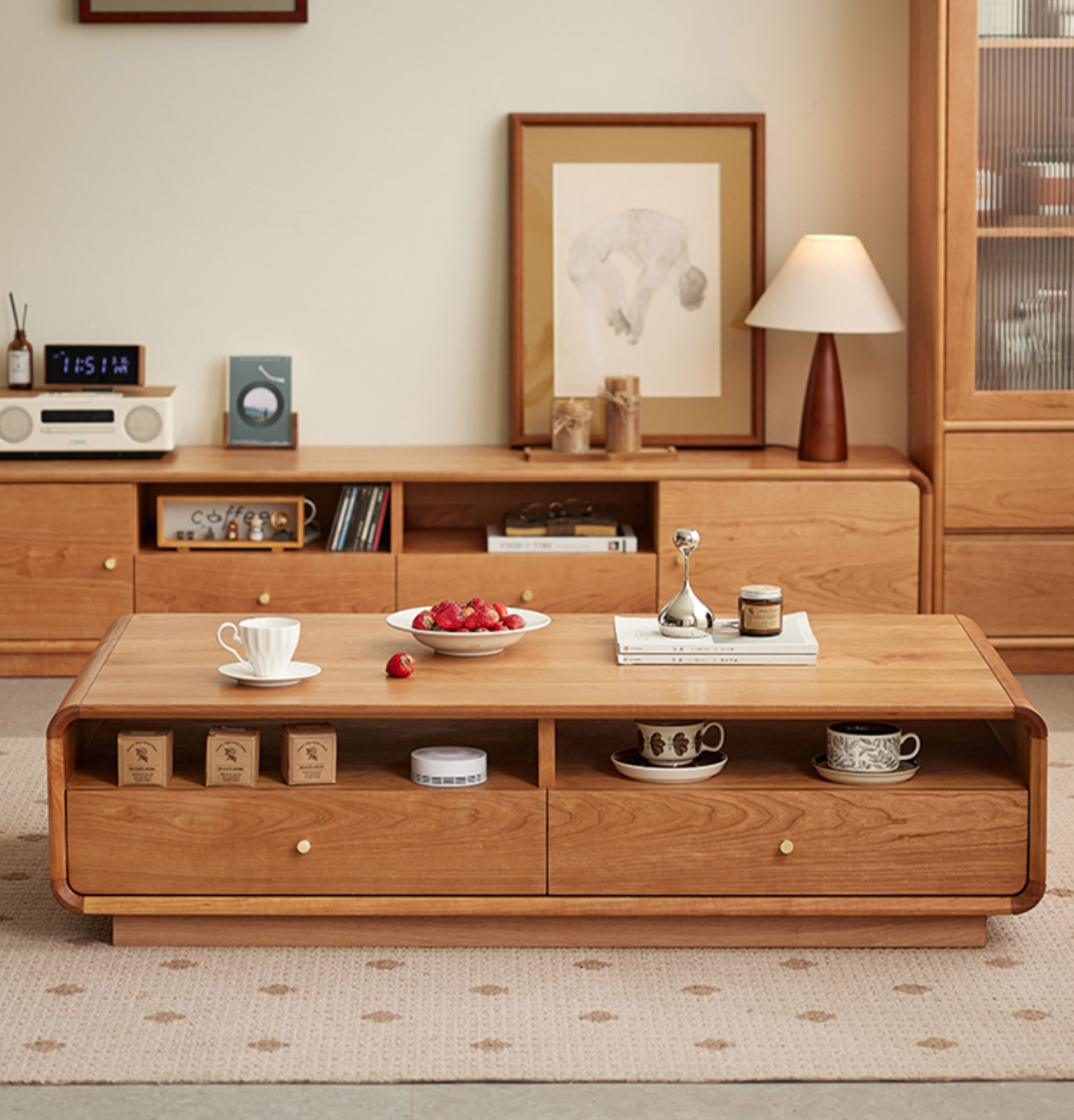 ソファーテーブル 天然木材を使用したローテーブル収納付きのコーヒー