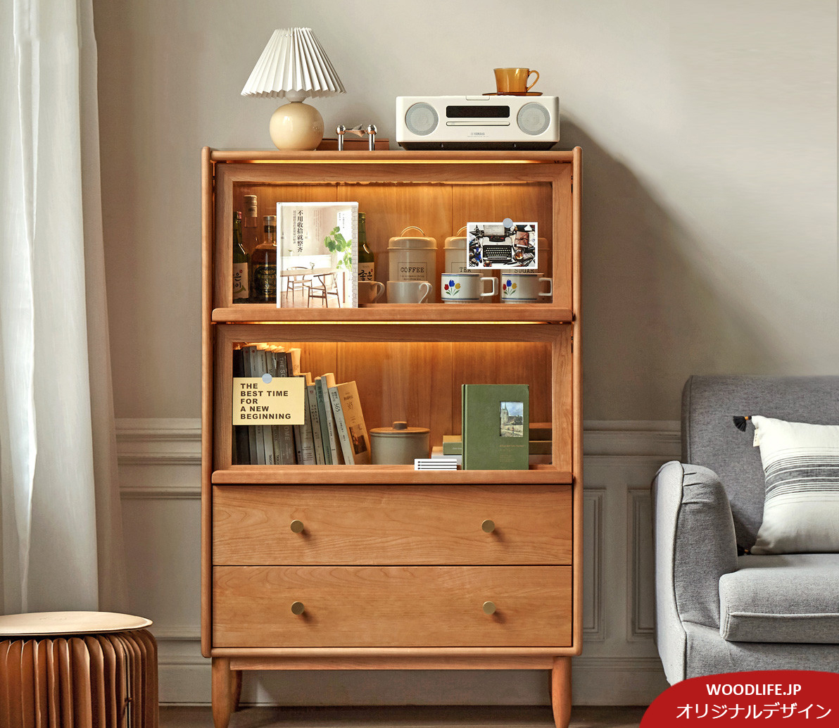 幅80 キャビネット キッチン収納 食器棚 cherrywood チェリー材 LEDライト