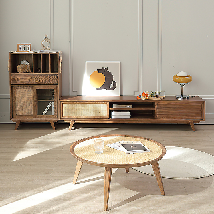 【美品】ローボード TVボード テレビ台 天然木 ラタン テレビ台 おしゃれ ローボード 北欧 ラタン調 幅200cm 脚付き