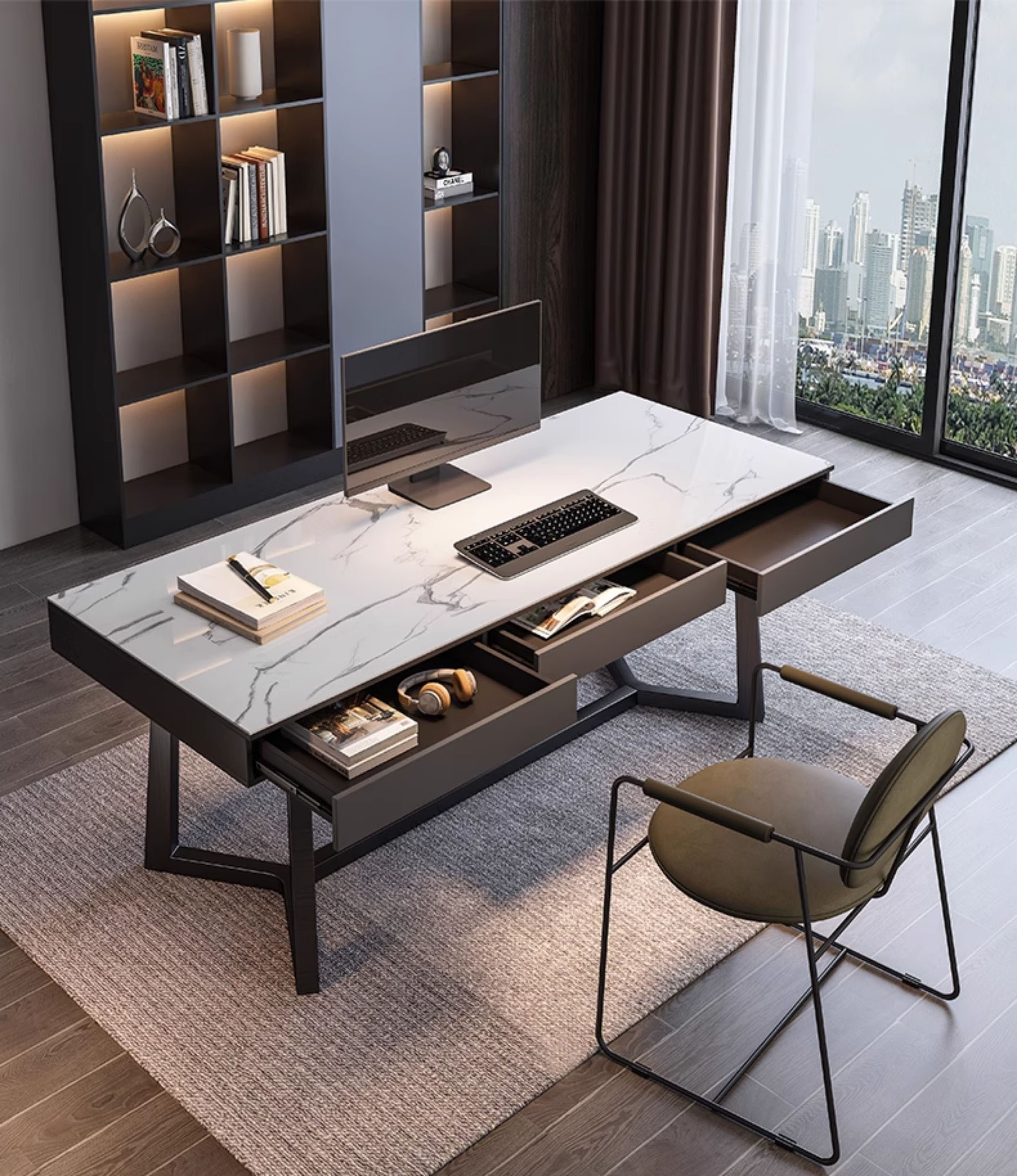 PI12-2A#【新品 最落無し】モダン北欧スタイル収納付きオフィスデスク2台セット【事務机ナチュラル学習机1円アウトレット家具展示処分品】